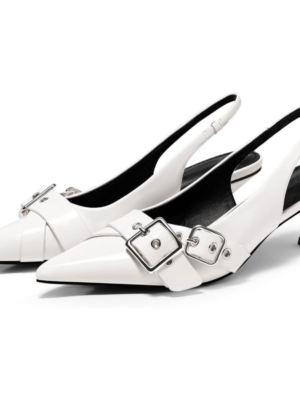 Coutgo Women's White Close Pointed Toe Slingback Buckle Ankle Strap Heels Shoes